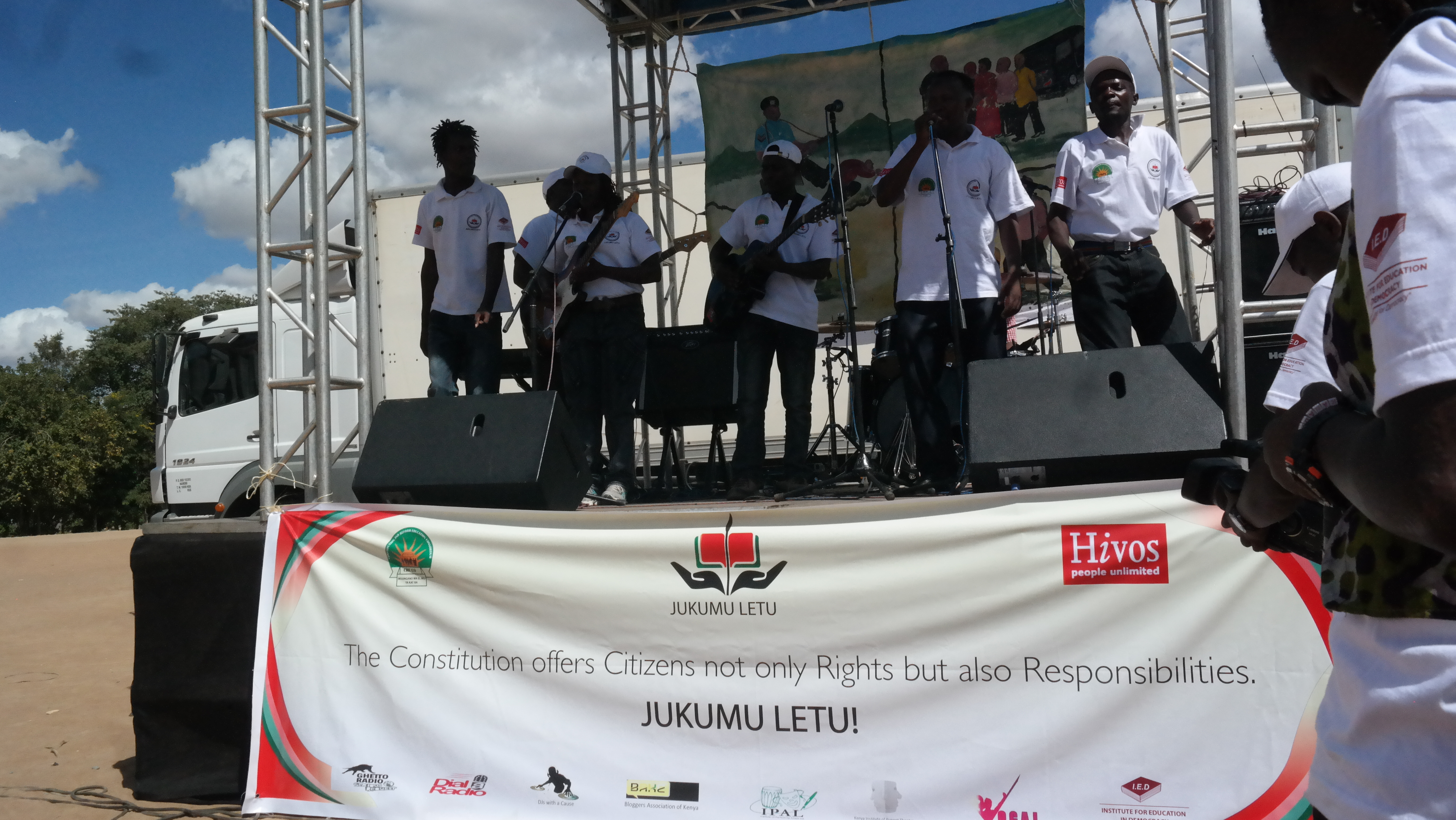 Makueni County Artists performing the 3 songs they composed on governance at the Launch ceremony