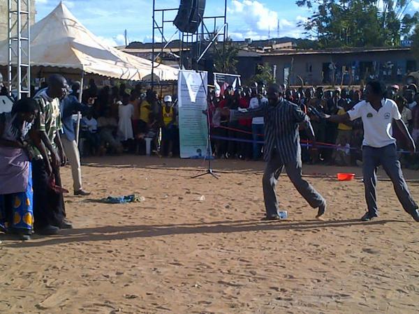 The MAPACA Theatre actors performing the Play at Unoa Grounds during the Jukumu Letu Initiative launch in Makueni County