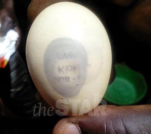 The egg alleged to have been laid with a name on ot in Nzaui,Makueni county Photo:The Star