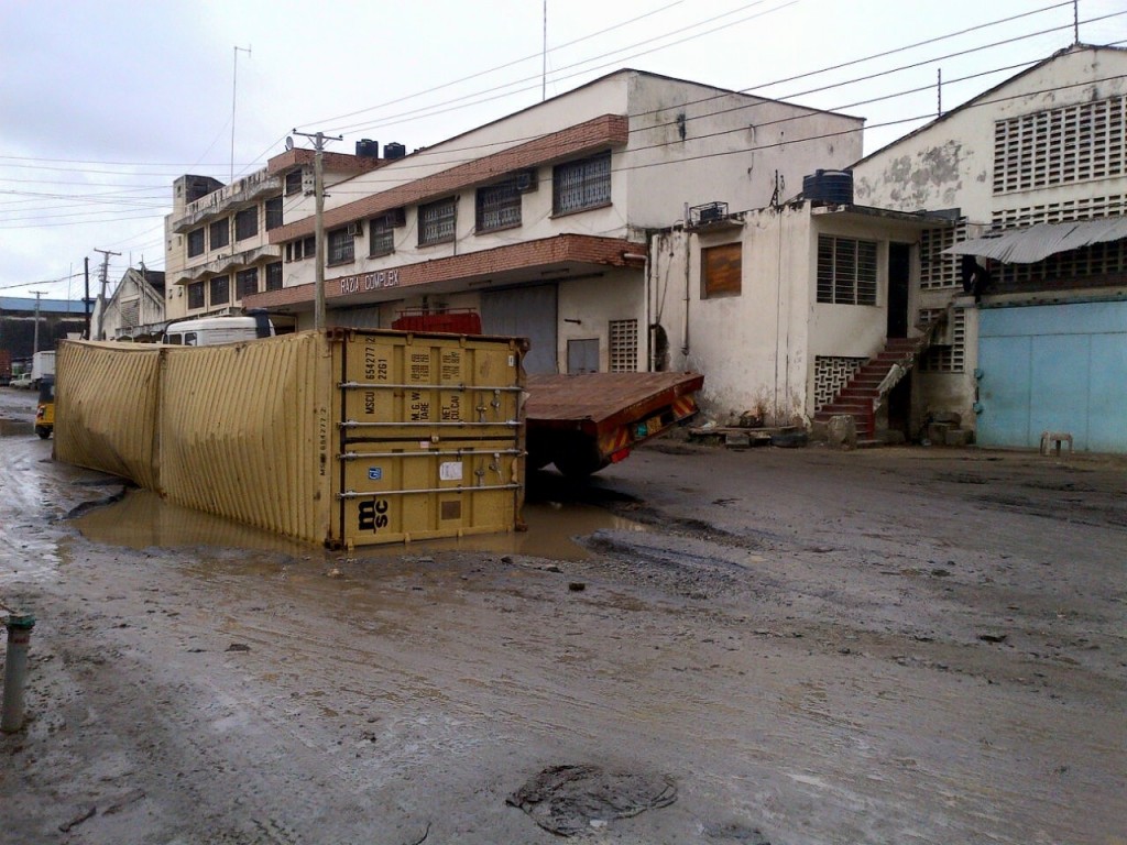 Lorry that overturned after hitting a huge pothole in Mombasa