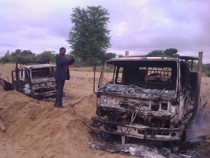 Shells of the two trucks burnt in Kasikeu Photo:Facebook